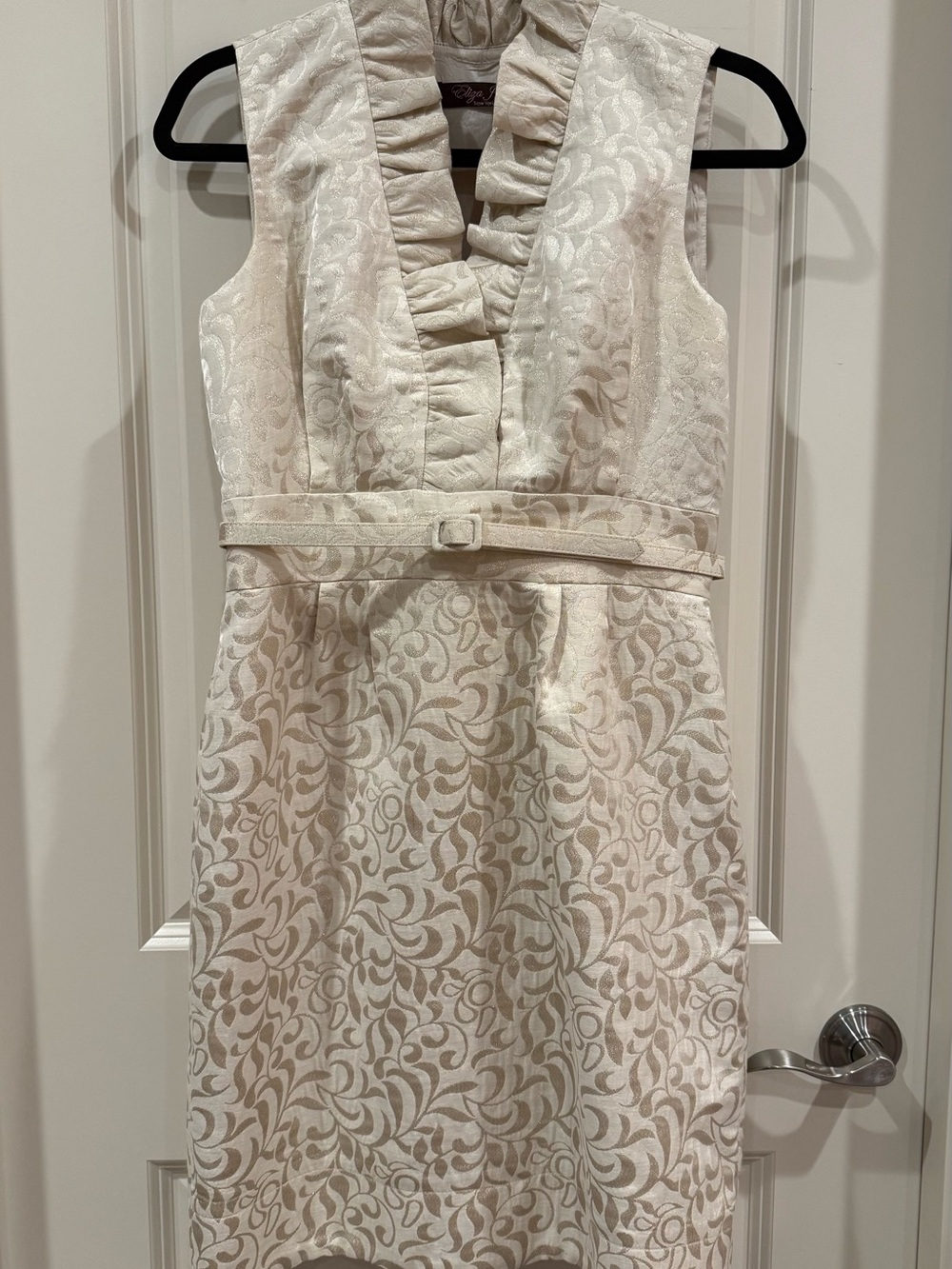 Eliza J Cream Brocade Ruffle V-Neck Dress